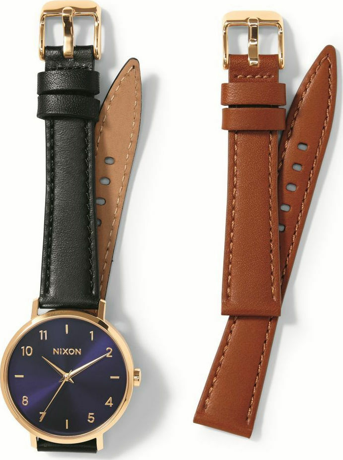 NIXON n38 MM ARROW LEATHER GIFT PACK GOLD TONE LEATHER BAND WATCH SET  MSRP$200 - Main Image
