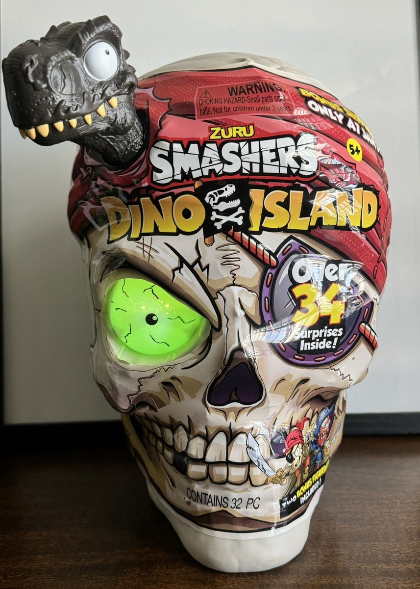 ZURU Smashers Dino Island – Crâne Géant T-Rex, 30 Surprises, Slime, Pétillant, œufs Mini, Pirate, Rugissement Lumineux