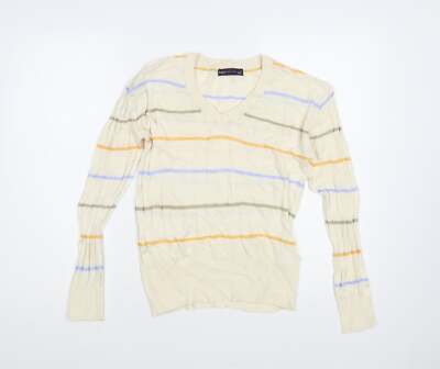 Marks and Spencer Damen Pullover Elfenbein V-Ausschnitt Gestreift Viskosemischung Größe S