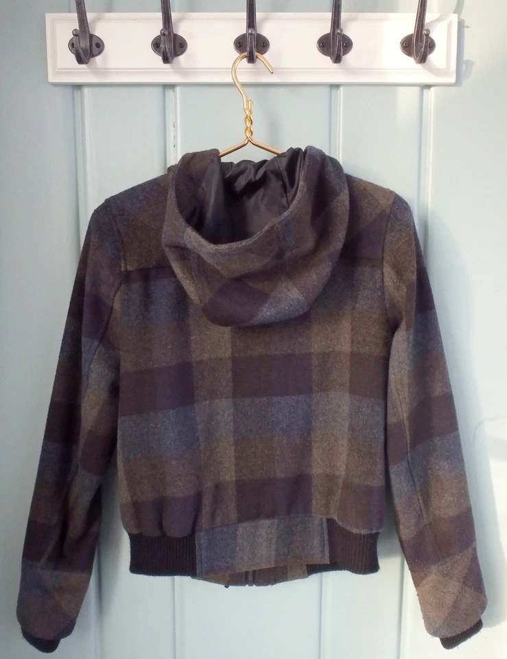 Chaqueta Abrigo Mujer American Rag Pequeña Lana Bombardero Con Capucha 4 6 Gris Cuadros Palanca Foto 4 de 4