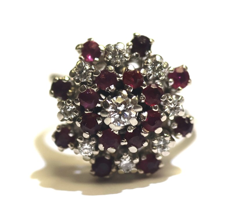 14k white gold natural ruby diamond cluster gemstone ring .39ct estate vintage 5