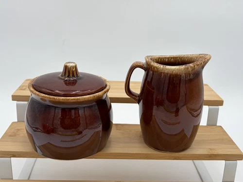 Hull Pottery Oven Proof Brown Drip Glaze Creamer and Sugar Bowl Set USA Vintage