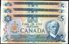 Lot Of 3 Consecutive Canada 1979 $5 Five Dollar Banknotes - Uncirculated