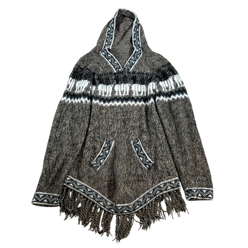 Native Arts Alpaca Wool Hooded Poncho Sweater Fringe Llama Geometric Ecuador