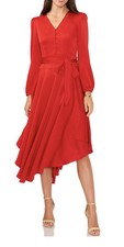 Vince Camuto Long Sleeve Knee Length Tie Waist Flowy Red Satin NWT Dress Small