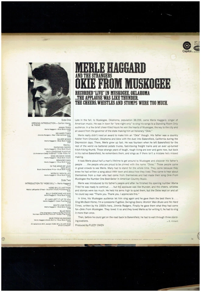 MERLE HAGGARD OKIE FORM MUSKOGEE 1970 VINYL  ALBUM - Image 2 of 2