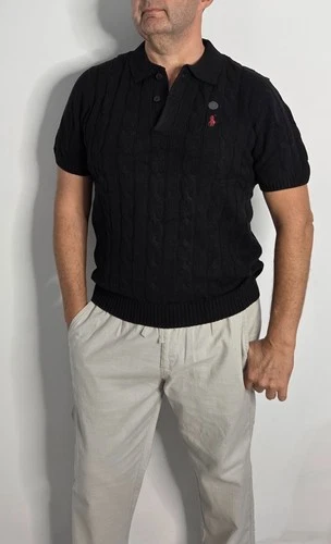 Polo Ralph Lauren Cable Knit Cotton Collar Short Sleeve Sweater Black