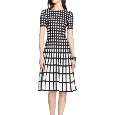 St. John Tubular Box Knit Short Sleeve Black and White Flare Midi Dress 4
