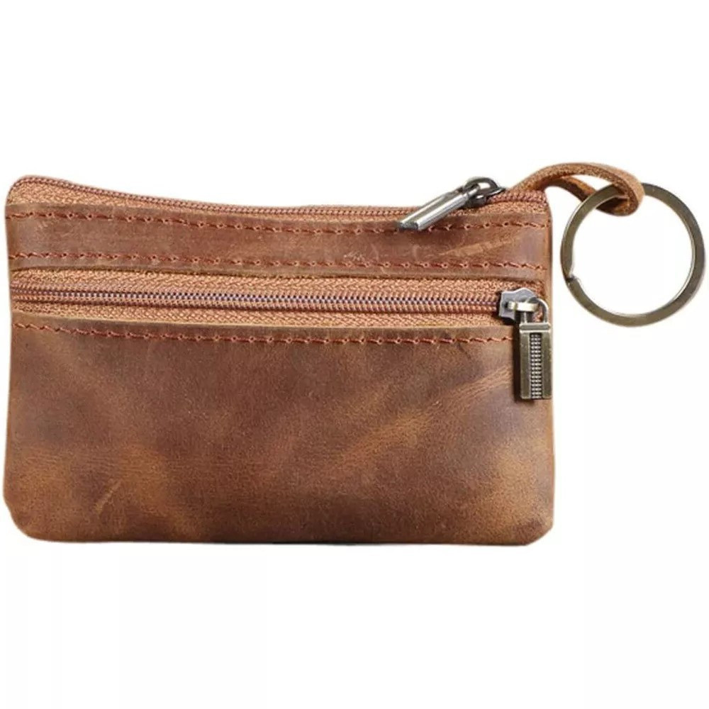 Brown Genuine Leather Coin Purse Small Zipper Wallet with Key Ring & Card Holder