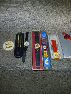 Ronald McDonald Watch Swiss Vintage McDonald's  Lot watches Pens Pencils Badge