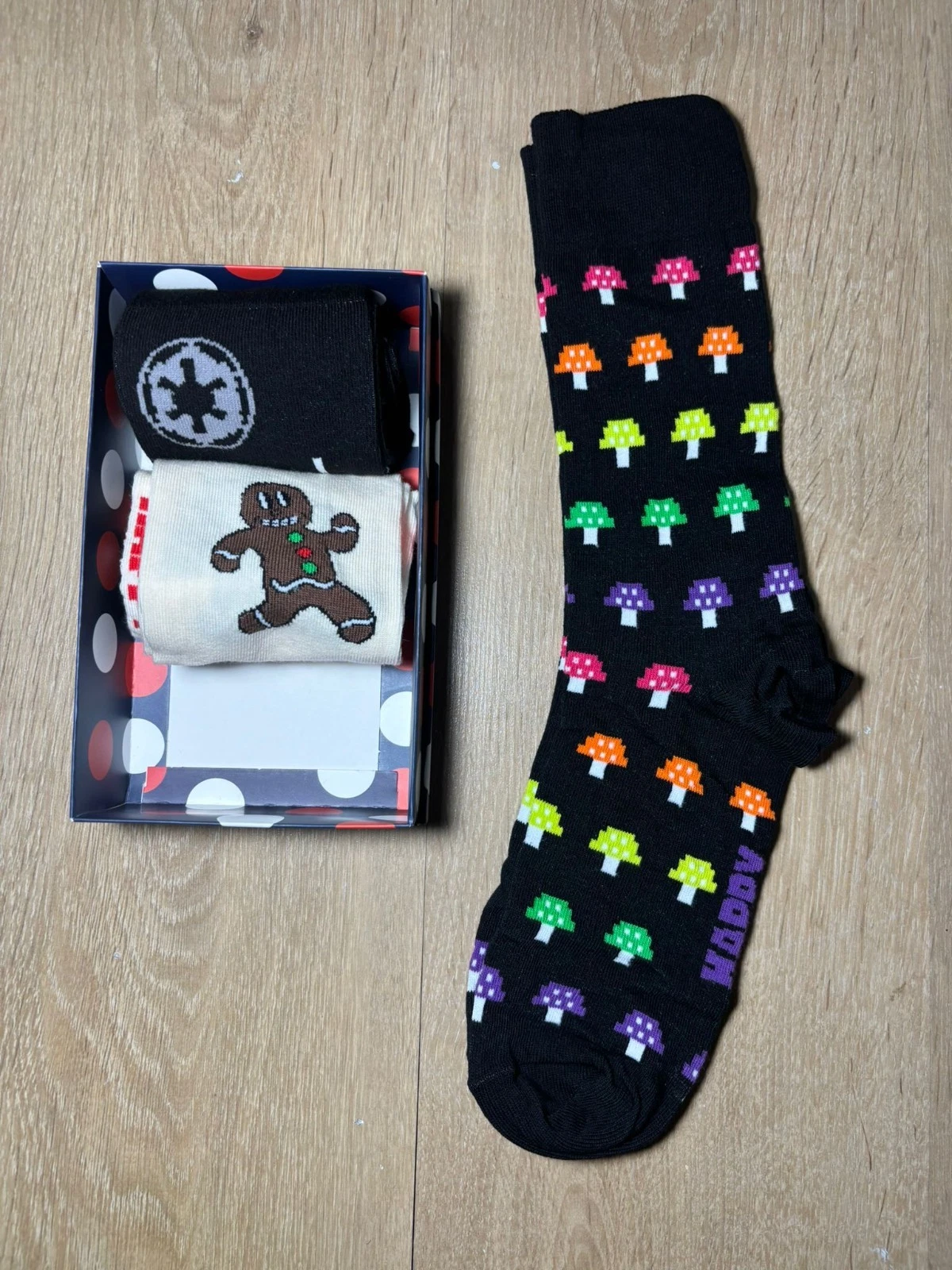 Holiday Gift Box Socks Set (3 Pairs) - Funny Gingerbread Man, Space & Pixel Mush