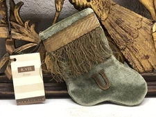 Mini XMAS Stocking Ornament of Antique Textiles by B-VIZ Green w Metallic L13