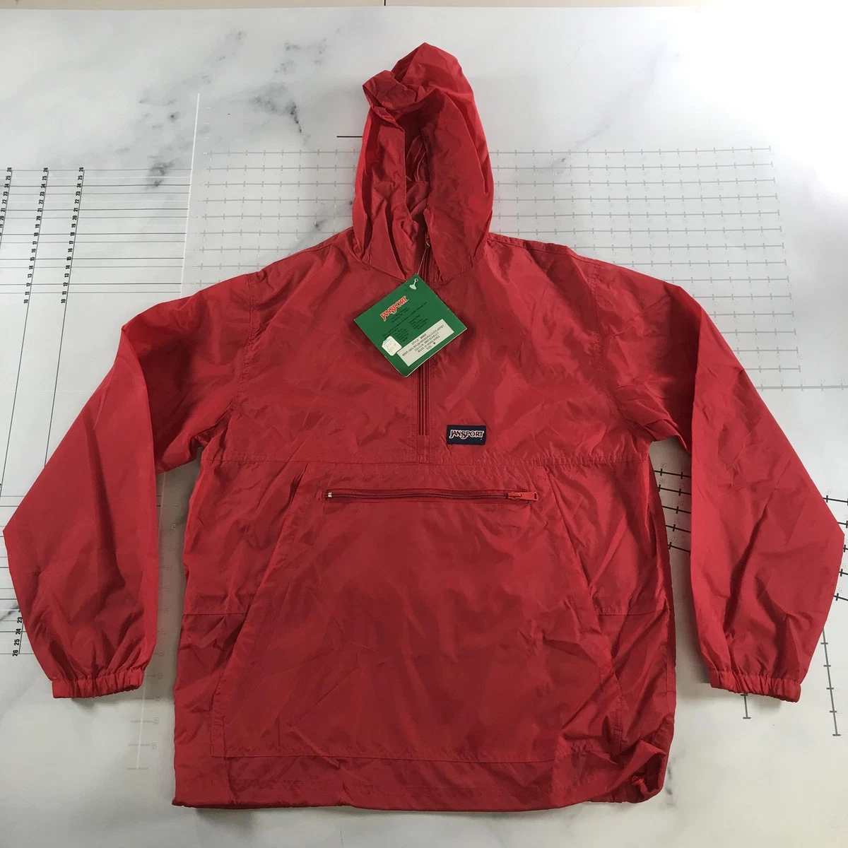 Vintage Jansport Jacket Mens Medium Red 1/4 Zip Hooded Pullover