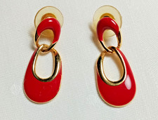 Vintage Napier double loop Goldtone and Red Enamel Dangle Post Earrings