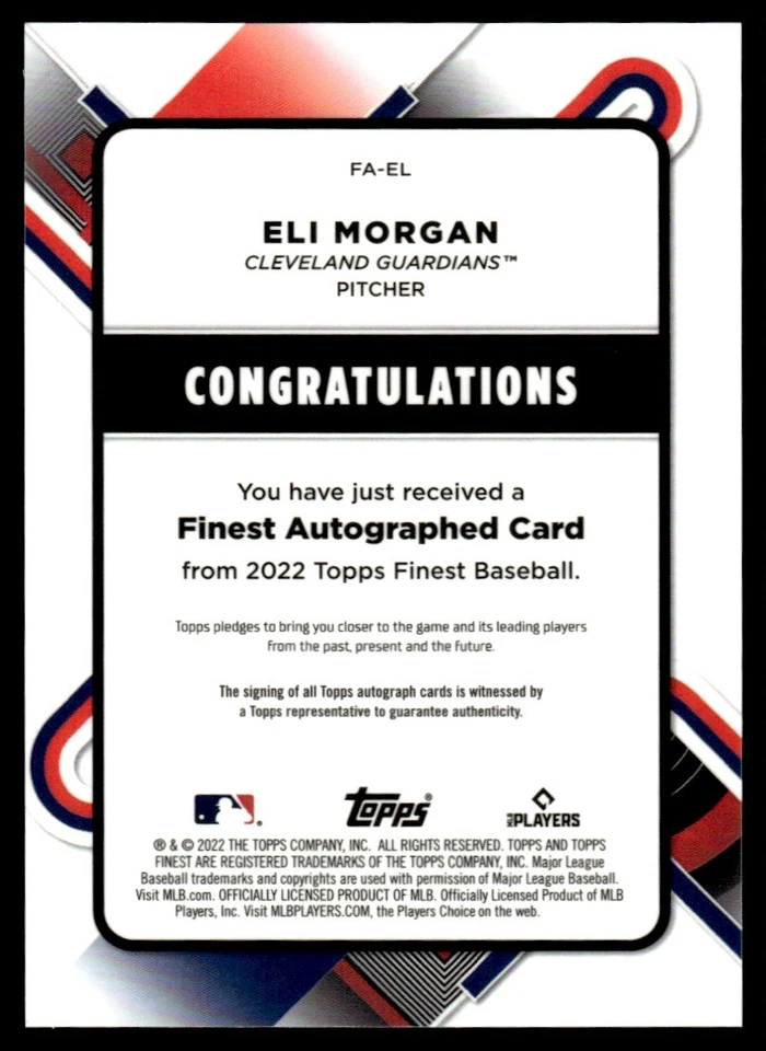 2022 Finest Autographs Eli Morgan Auto Cleveland Guardians #FA-EL - Image 2 of 2