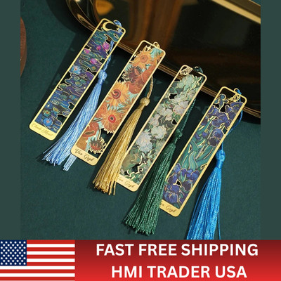 1pc Retro Floral Painting Metal Bookmark Tassel Hollow Bronzing Book Mark - NEW