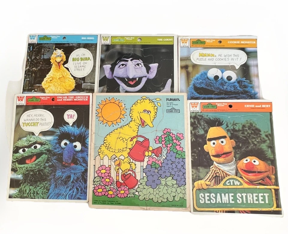 Lote De Rompecabezas Calle Sésamo De Colección - Rompecabezas con Incrustaciones de Bandeja de 5 Marcos y 1 Pájaro Grande De Madera Foto 2 de 4