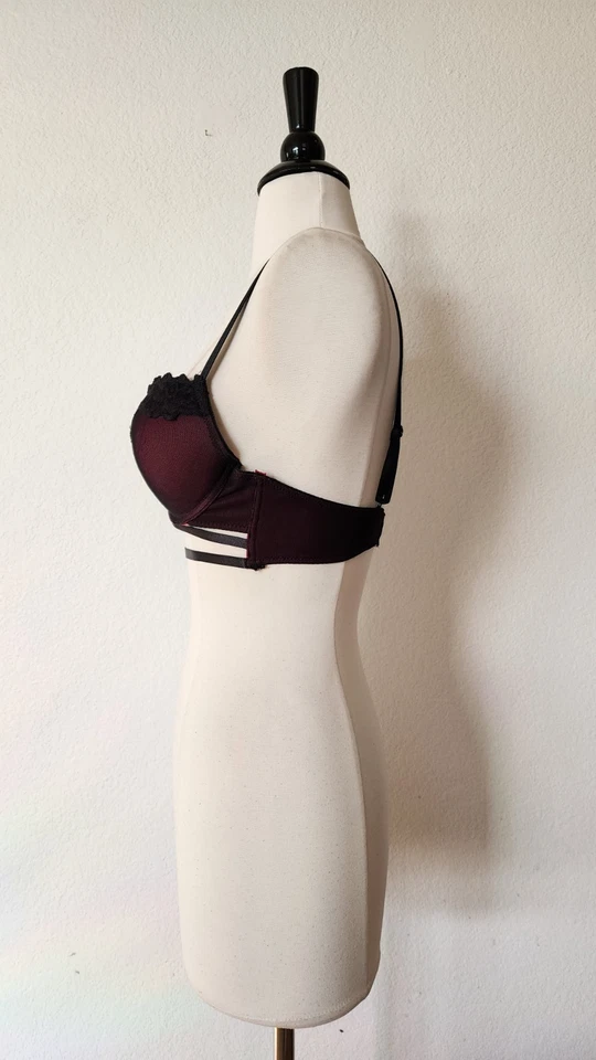 New Push Up Bra Size 32B Burgundy Lace Padded Sexy Chic Strappy - Image 3 of 4