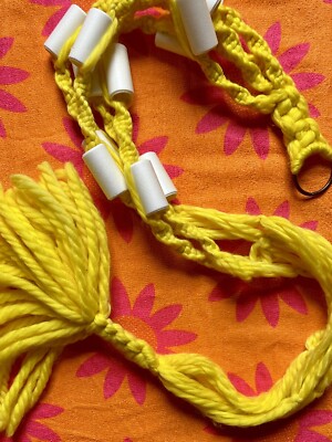Vintage Plant Hanger Retro Yellow 70s Yarn Macrame w Beads 55  BOHO Mid Century