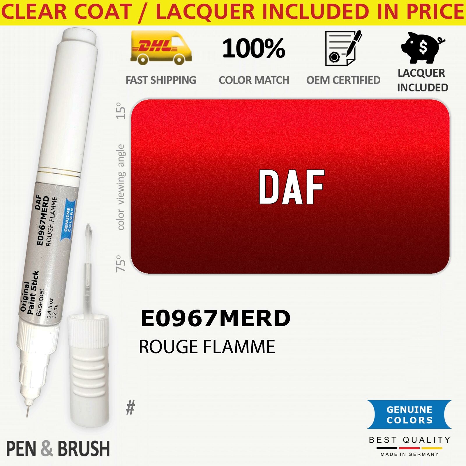 E0967MERD Touch Up Paint for DAF Red # 2180872 ROUGE FLAMME Pen Stick Scratch Ch