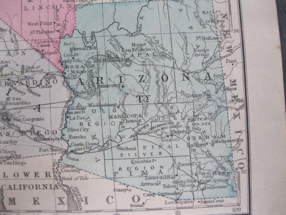 Mapa Mitchell Original 1886 Costa Oeste dos EUA CA, OR, NV e Territórios de WA,ID,UT,AZ - Imagem 2 de 4