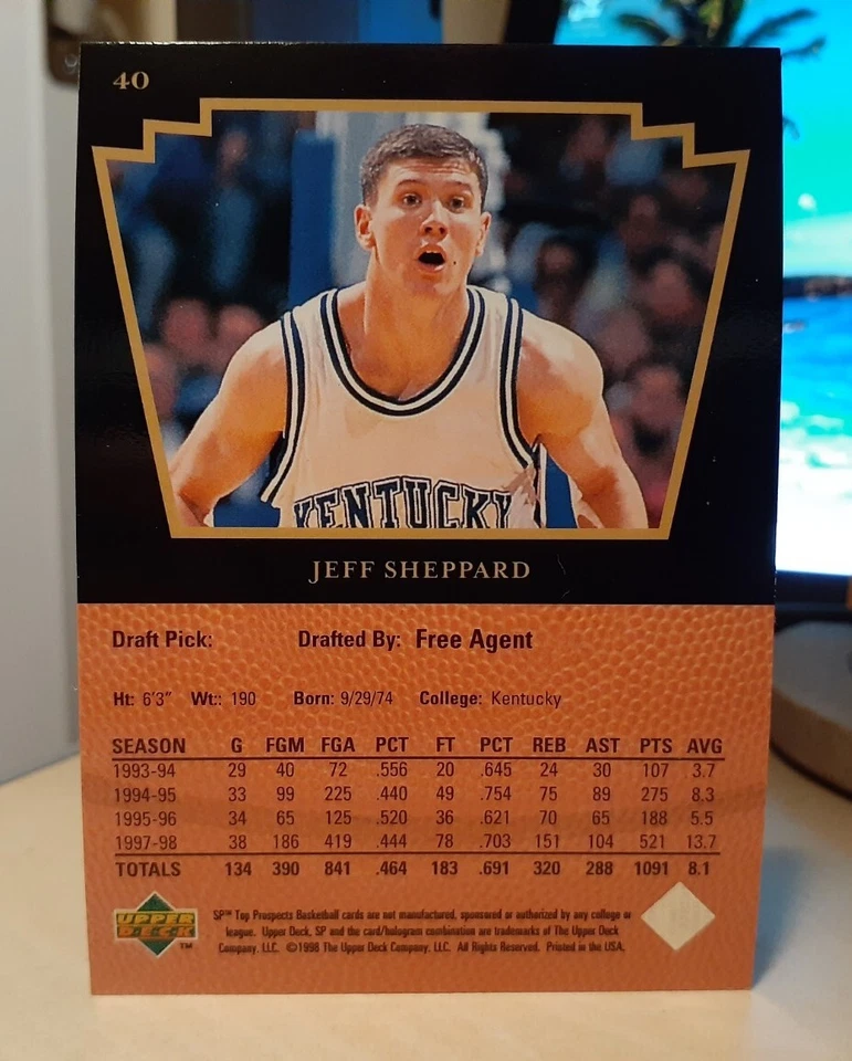 1998 JEFF SHEPPARD SP #40 ROOKIE WAZOO KENTUCKY WILDCATS CHAMP REED DAD - Image 2 of 2