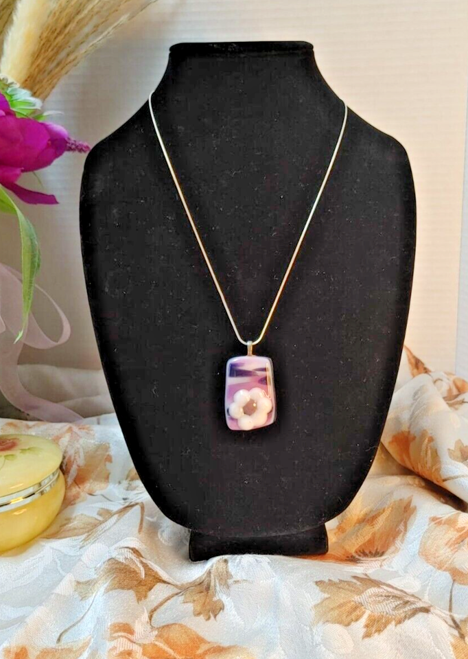 Murano Hand Blown Glass Necklace Pendants Square pink purple/ white