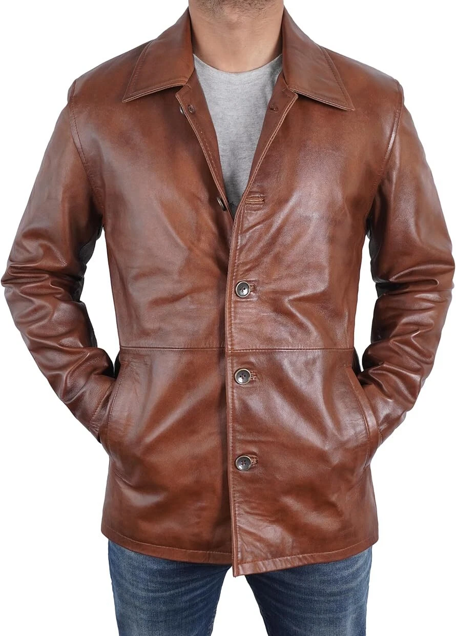 Mens 3/4 Mid Length Car Coat Classic Sheepskin Leather Trench Coat