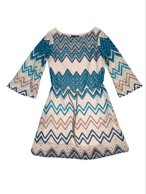 Chevron Crochet Knitted Dress Size 10 Lined Blue Tan Bell Sleeve Belt Sharagano