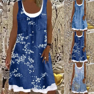 Plus Size Summer Womens Sleeveless Midi Dress Ladies Demin Look Shirt Dresses US
