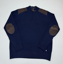 Raffi sweater fine merino wool elbow patch 1/4 button high neck Navy Men  s L