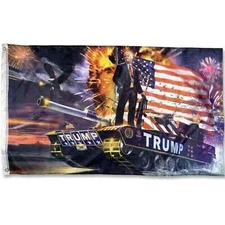 President DONALD TRUMP USA On Tank With Gun & Fireworks 3' x 5' Flag Banner 