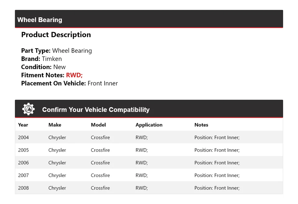 Передний внутренний подшипник колеса переднего привода для Chrysler Crossfire 2004-2008 годов выпуска Timken 2005 2006 годов выпуска - Изображение 2 из 4