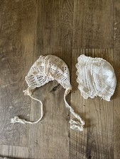 2 Vintage Ivory Crochet Baby Bonnets Need Ribbon Ties
