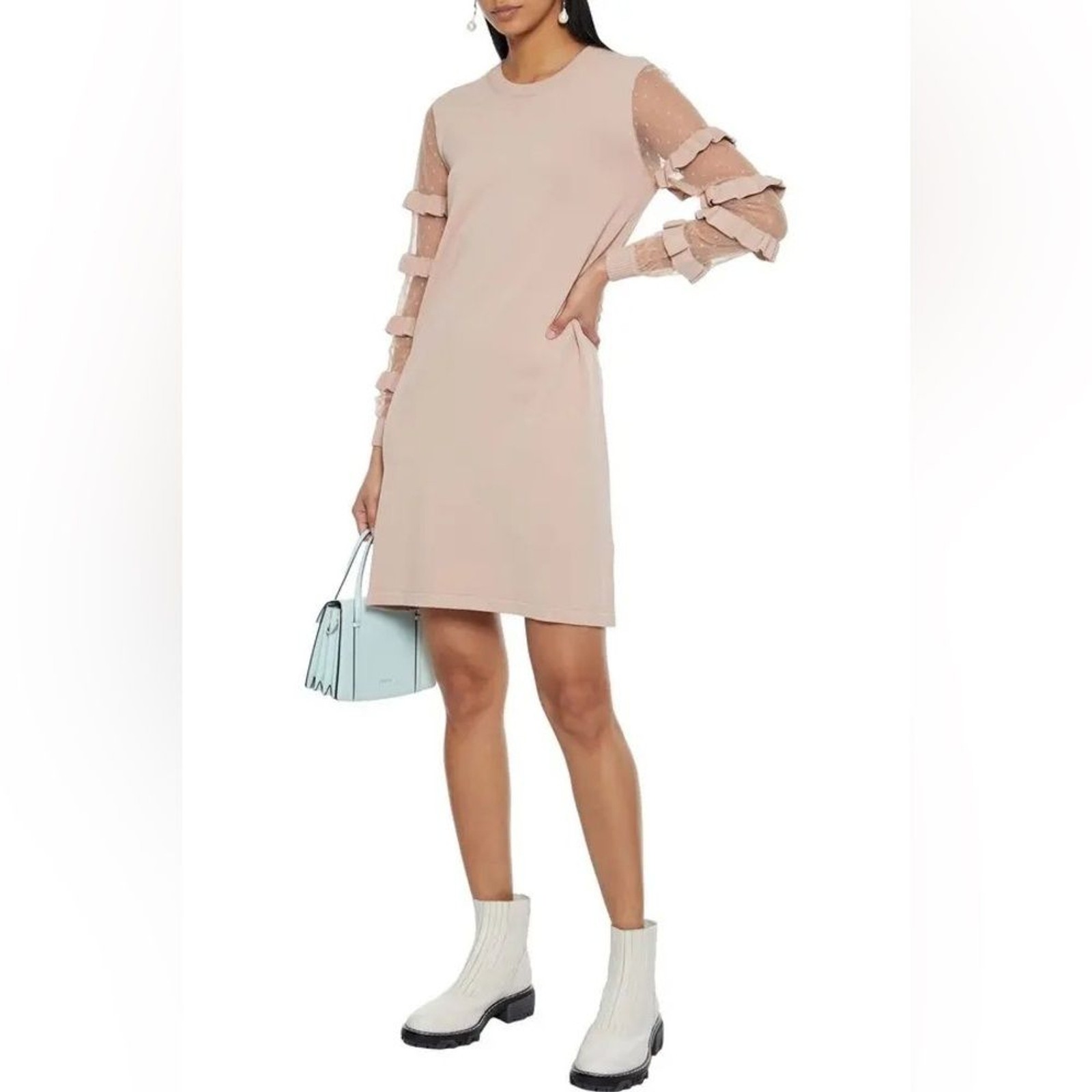 NEW RED VALENTINO Point D'esprit-Paneled Ruffled Stretch-Knit Mini Dress Blush S