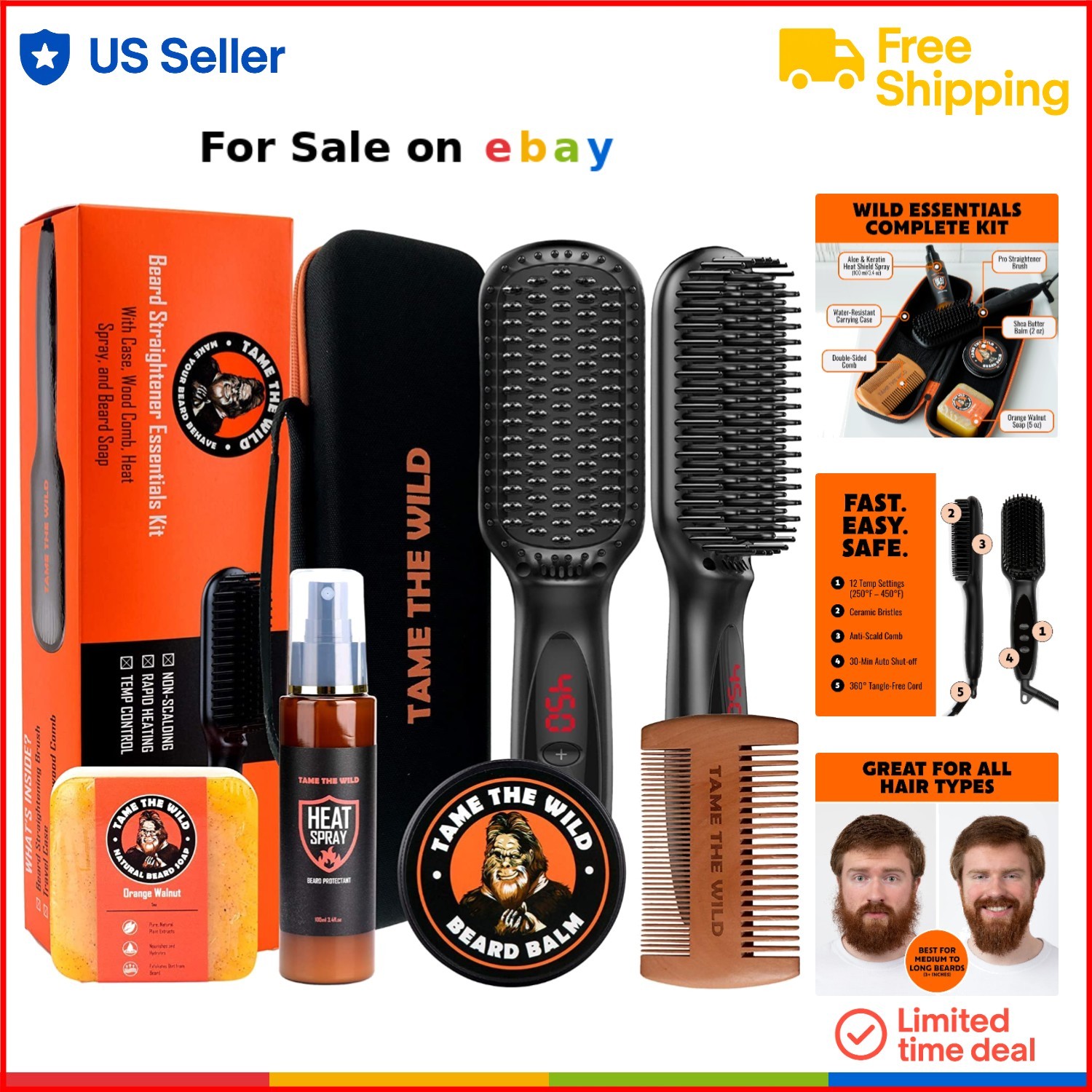 Men's Beard Grooming Kit Ceramic Heated Straightener Balm Soap Travel