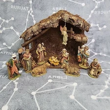 Vintage Fontanini 5" Depose 12 Pc Nativity Scene Set Figures W/Wood Barn - Italy