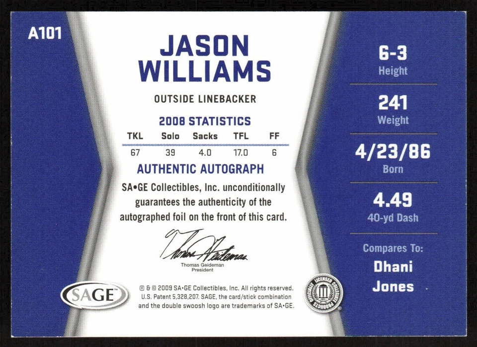 2009 SAGE HIT Autographs Silver Jason Williams #A101 Western Illinois - Image 2 of 2