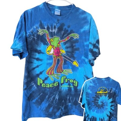Peace Frog Shirt Medium M Blue Tie Dye Little Miami Brewing IPA Beer Tee 20.5x27
