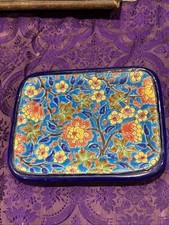 ancien petit plateau en emaux de longwy faience decor bleu floral