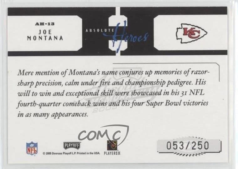 2005 Playoff Absolute Memorabilia Absolute Heroes /250 Joe Montana #AH-13 HOF - Image 2 of 2