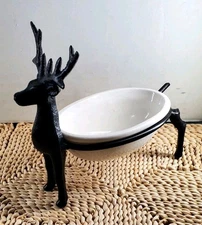Vintage 7" Wrought Iron Antler Deer w/ 5" Soap Dish Holder Ceramic Rustic
