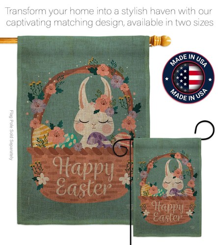 Bunny in Basket Burlap Garden Flag Set Wall Hanger Springtime Easter Happy Eg... - Picture 4 of 12