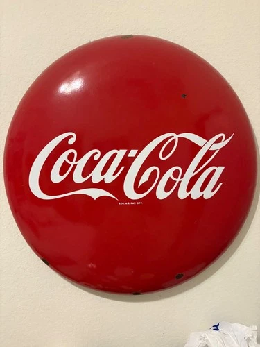 Large Vintage 1950's Coca Cola 36" Porcelain Metal Button Sign