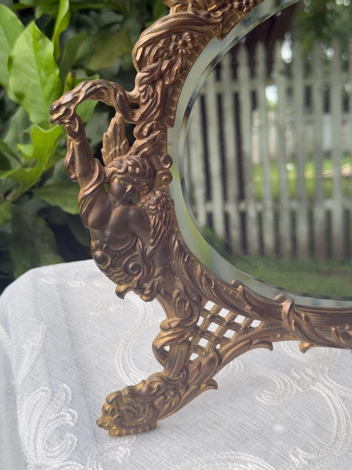 Antique NB&IW Brass Victorian CHERUBS & BEVELED Edge MIRROR - Image 3 of 4
