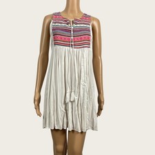 Umgee MEDIUM Boho Aztec Embroidered Tassel Tie Button Short Swing Tunic Dress