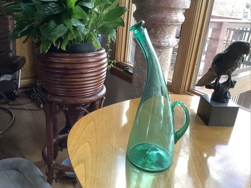 MCM Green Winslow Anderson 948 ? Bent Neck Decanter W Stopper Blenko Glass