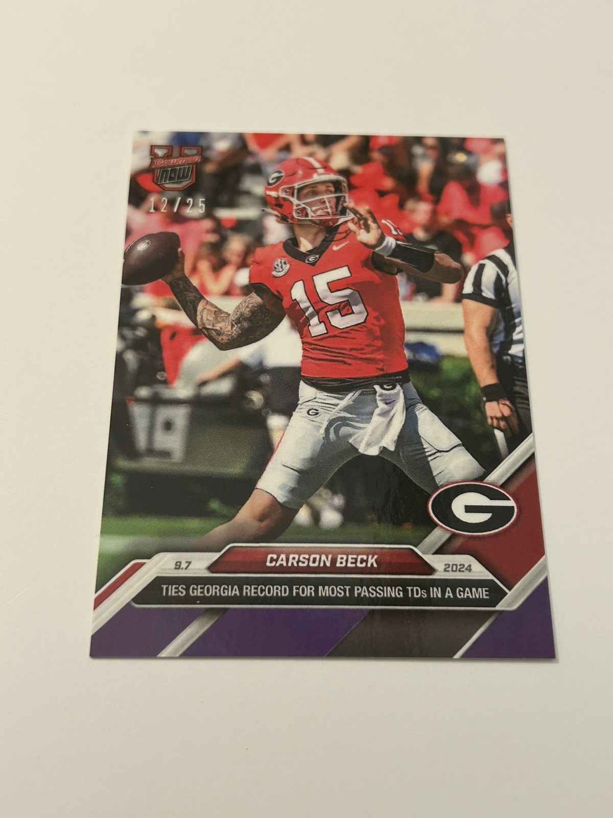 2024 Bowman U Topps Now # 8 Carson Beck Purple Parallel Card #d /25