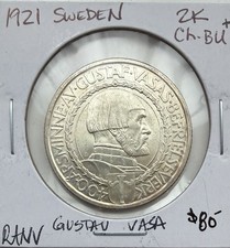 1921 Sweden Gustav Vasa Silver 2 Kronor Choice Brilliant Uncirculated +