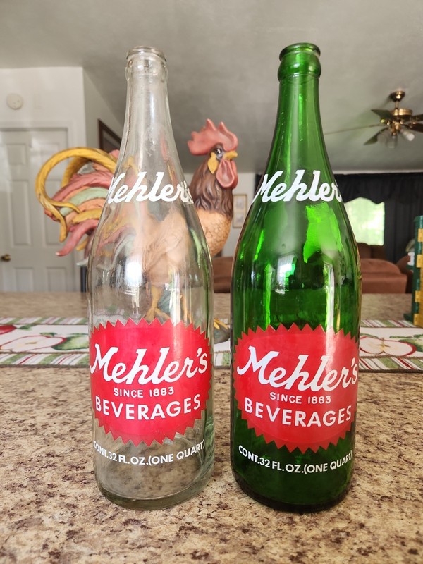 2 MEHLER'S BEVERAGES 32 Oz  ERIE PA. BOTTLING CORP.  SODA POP BOTTLES